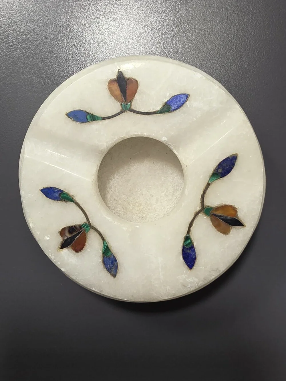 Indian Marble Pietra Dura Floral Inlay Ashtray Trinket Dish Candle Holder